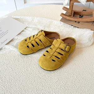 Girls hollow out princess slippers in ginger yellow suede with buckle for summer