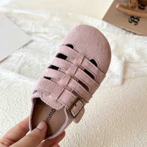 Toddler girl pink hollow out princess slippers with vintage buckle and soft suede finish