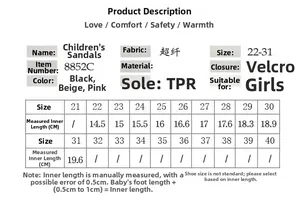 Tableau des tailles pour sandales fille avec détails de semelle TPR et tissu microfibre