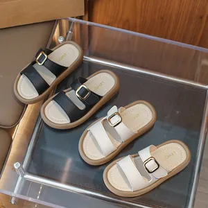 Fashion Kids Girls Double Strap Slides With Golden Buckle PU Leather Soft Sole Non-slip Summer Beach Slippers For Children