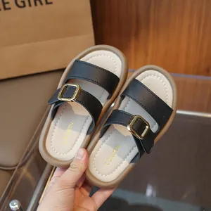 Girls black double buckle sandals with thick soft soles for summer fashion style