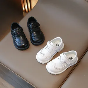 Kids Brogue Leather Shoes Classic British Style School Uniform Shoes For Boys Girls Velcro Closure Non-slip Casual Flat Shoes