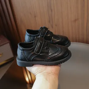 Classic black girls leather brogue shoes with non-slip soft soles and velcro strap