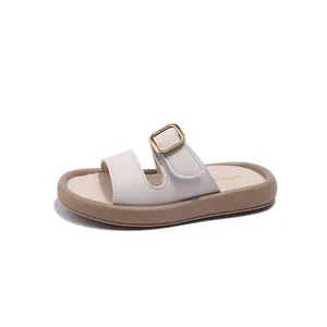 Girl's summer sandals with cream straps, gold buckle detail and anti-slip thick soft sole