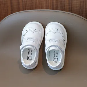 Classic white toddler girl brogue shoes with velcro strap and soft non-slip sole