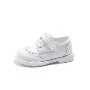 Classic white girls' brogue leather shoes with soft non-slip soles for school and parties