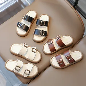 Pantoufles Filles avec Double Boucle en Cuir PU Semelle Antidérapante Souple Sandales de Plage Extérieures à la Mode