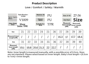 Detailed size chart for girls sport shoes with PU material and TPR sole information