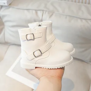Bottines blanches pour filles en similicuir avec sangles à boucle et fermeture éclair