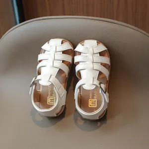 Retro woven white children's roman sandals with non-slip sole and velcro strap