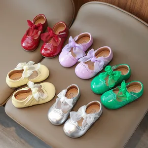 Girls Mary Jane Shoes PU Leather Bowknot Princess Shoes Soft Sole Hook and Loop School Wedding Party Flats For Toddlers