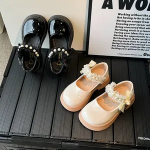 Kids Girls Mary Jane Shoes Patent Leather Artificial Pearl Lace Bow Princess Party Wedding Formal School Shoes Thick Sole Flats