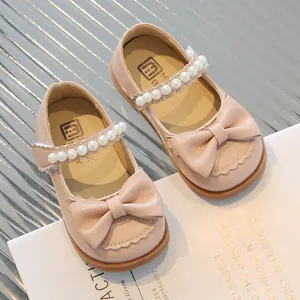 Pink Mary Jane girls shoes with soft bow and pearl strap for princess style