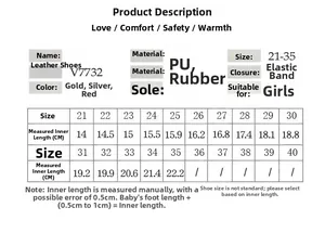Size chart for girls' PU leather shoes with non-slip soles and length measurement guide