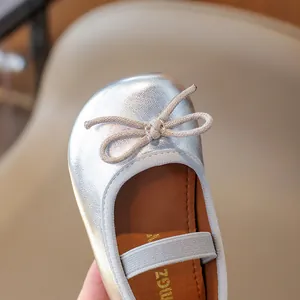 Silver glitter girls princess ballet flats with bow detail and elastic strap