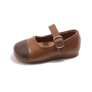 Girls' Mary Jane leather shoes with two-tone brown patchwork and gold buckle design