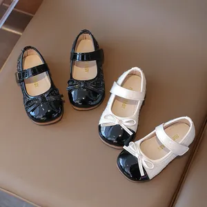 Girls Mary Jane Shoes Tweed Patchwork Patent Leather Bow Princess Shoes Soft Sole Velcro Non-Slip Party Kids Shoes