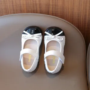 Girls' black and white tweed Mary Jane shoes with bow and hook-and-loop closure