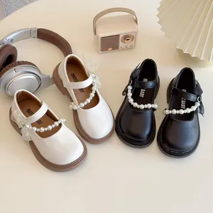 Girls Mary Jane Shoes Princess Bow Knot Artificial Pearl Rhinestone Synthetic Leather Non-Slip Low Top School Party Dress Shoes