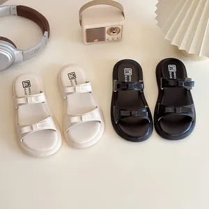 Girls Bowknot Slippers PU Leather Double Strap Thick Sole Casual Outdoor Korean Style Flat Sandals For Kids Summer Footwear