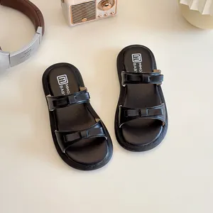 Toddler girls black bow sandals with double straps and non-slip rubber soles for summer