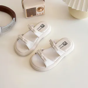 Chic beige platform slides for girls with elegant bows and thick non-slip soles
