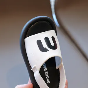 Kids fashion sandals with letter print and elastic back strap in black and white
