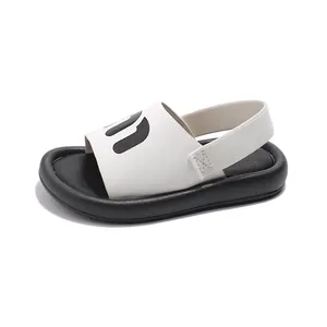 Kids fashion open-toe sandals with white M-letter print and black thick anti-slip soles
