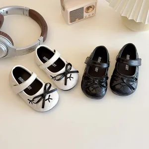 Scarpe da Principessa Mary Jane per Bambine Trapuntate con Fiocco in Pelle PU Suola Morbida Beige Nero
