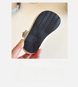 Close-up of flexible soft sole with anti-slip wave pattern on girls Mary Jane shoes