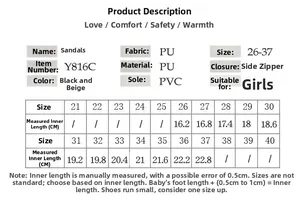 Size chart for girls' fashion sandals showing inner length from 16.2cm to 22.8cm