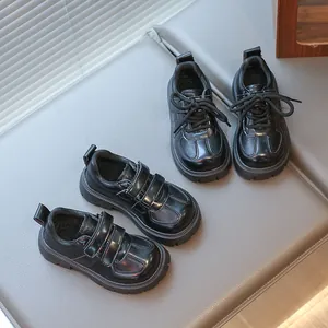 Kids British Style PU Leather Shoes Black Non-Slip Thick Sole School Performance Shoes For Boys Girls Casual Loafers
