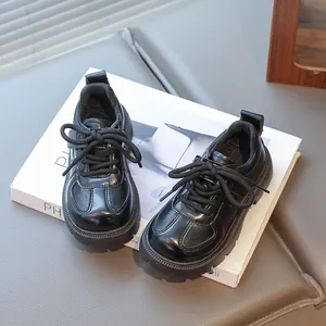 Classic black leather lace-up oxfords for kids with thick non-slip rubber soles