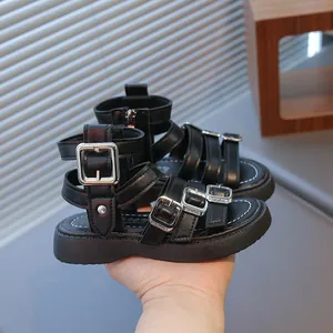 Fashionable black leather gladiator sandals for girls with silver buckles and back zipper