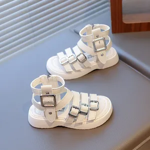 Stylish white roman sandals for girls with multi-strap buckles and thick rubber soles