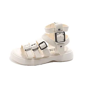 Fashionable beige Roman platform sandals for girls with adjustable silver buckles and thick soles