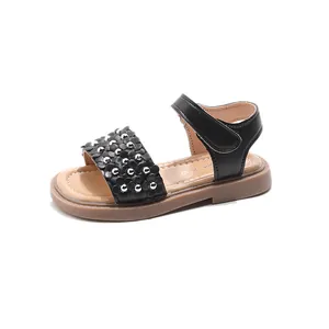 Sandales princesse noires pour filles avec fleurs 3D et semelles plates en caoutchouc
