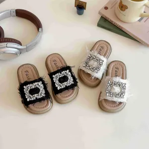 Chanclas de moda para niñas con hebilla de strass y tiras de tela de tweed