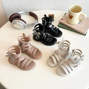 Girls Rhinestone Bow Roman Sandals Summer PU Soft Rubber Sole Gladiator Princess Shoes For Party Wedding Fashion Sandals