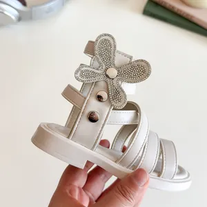 Girls beige roman sandals with rhinestone flower decoration and soft soles for summer