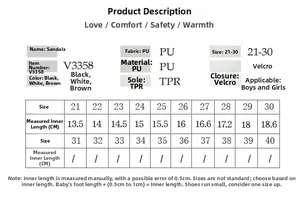 Size chart for girls open toe sandals showing PU leather material and TPR sole specs
