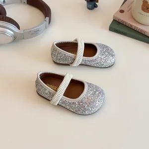Sparkly silver sequins Mary Jane shoes for girls with white elastic strap for easy wear