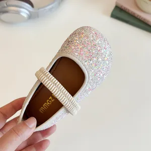 Sparkly multi-color sequin Mary Jane shoes for girls with pleated elastic strap
