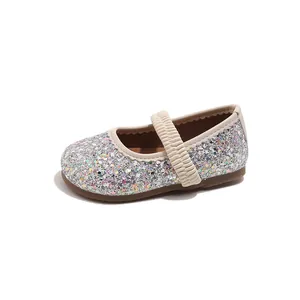 Sparkling silver sequin Mary Jane shoes for girls with elastic strap and rubber sole