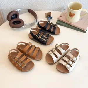Sandales Rétro en Cuir PU pour Enfants avec Triple Bride et Boucles en Métal Semelle en Liège Chaussures de Plage d'Été Décontractées pour Garçons et Filles