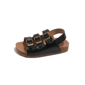 Sandales classiques noires pour enfants avec trois boucles réglables et semelle en liège