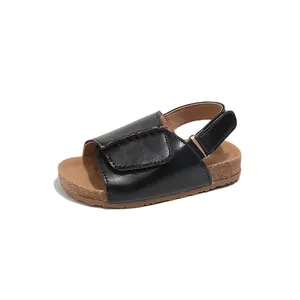 Girls open-toe summer sandals in black PU leather with cork sole and velcro strap
