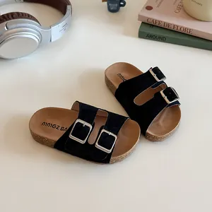Kids black suede double buckle cork sandals with fashionable dopamine style for summer