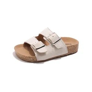Kids cream double buckle cork slippers with anti-slip thick soles and suede straps