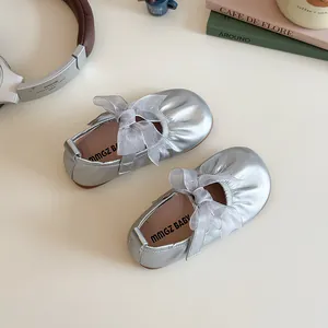 Silver baby princess shoes with large mesh bow and velcro strap for toddler girls